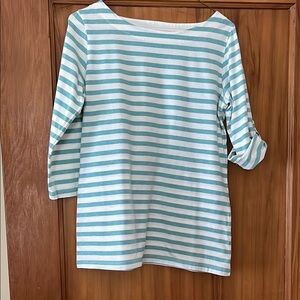 L.L. Bean Turquoise and White 3/4 Roll-Up Sleeve Boxy Shirt, Cotton, Polyester